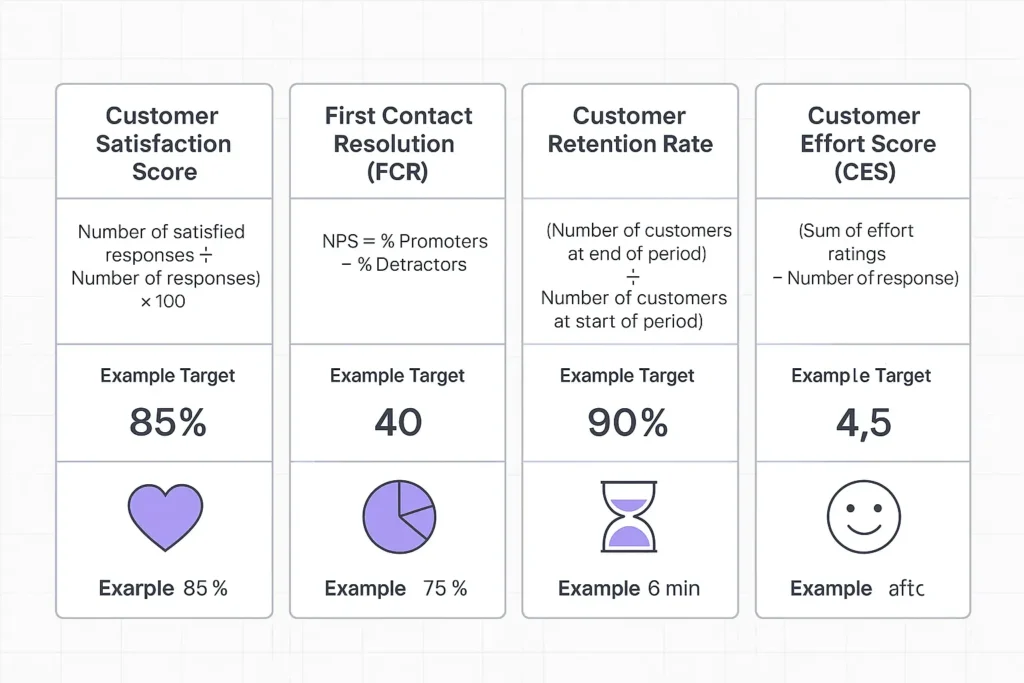 Infographic comparing six key customer service KPIs with icons, example formulas, and target values for CSAT, NPS, FCR, retention rate, AHT, and CES.